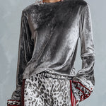 Chic Casual Striped Trim Grey T-shirt And Leopard-print Wide-leg Trousers Velvet Set
