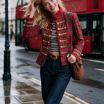 Retro Red Plaid Frog Button Velvet Collar Jacket
