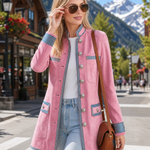 Vintage Military Pink Faux Suede Coat Women Striped Trim Silver Button Longline
