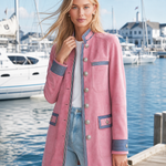 Vintage Military Pink Faux Suede Coat Women Striped Trim Silver Button Longline