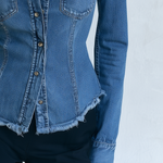 Blue Denim Jacket Frayed Stand Collar Button Pocket Slim Coat