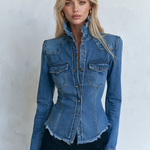 Blue Denim Jacket Frayed Stand Collar Button Pocket Slim Coat