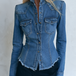 Blue Denim Jacket Frayed Stand Collar Button Pocket Slim Coat