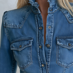 Blue Denim Jacket Frayed Stand Collar Button Pocket Slim Coat