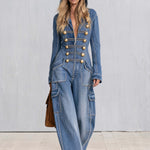 Vintage Military Washed Denim Jumpsuit Women Gold Button Hooded Wide Leg Cargo