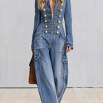 Vintage Military Washed Denim Jumpsuit Women Gold Button Hooded Wide Leg Cargo