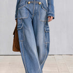 Vintage Military Washed Denim Jumpsuit Women Gold Button Hooded Wide Leg Cargo