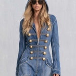 Vintage Military Washed Denim Jumpsuit Women Gold Button Hooded Wide Leg Cargo