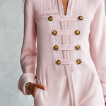 Women's Military-style Stand-collar Pink Ribbed Knit Maxi Dress