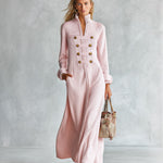 Women's Military-style Stand-collar Pink Ribbed Knit Maxi Dress
