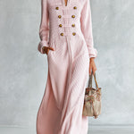Women's Military-style Stand-collar Pink Ribbed Knit Maxi Dress