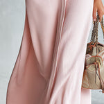 Women's Military-style Stand-collar Pink Ribbed Knit Maxi Dress