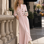 Women's Military-style Stand-collar Pink Ribbed Knit Maxi Dress