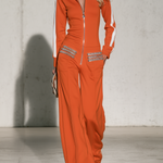 Casual Military-style Orange Sweatshirt-fabric Jumpsuit