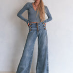 Casual Ribbon-detail Button-fly Blue Straight-leg Jeans