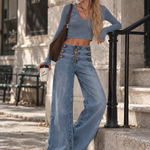 Casual Ribbon-detail Button-fly Blue Straight-leg Jeans