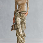 Retro Casual Khaki Top And Camouflage Cargo Pants Velour Set