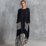 Casual Minimalist Black Cotton Patchwork-style Striped Oversized Maxi Dress