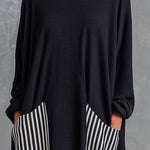 Casual Minimalist Black Cotton Patchwork-style Striped Oversized Maxi Dress