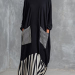 Casual Minimalist Black Cotton Patchwork-style Striped Oversized Maxi Dress