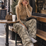 Retro Casual Khaki Top And Camouflage Cargo Pants Velour Set