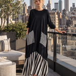 Casual Minimalist Black Cotton Patchwork-style Striped Oversized Maxi Dress