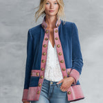 Vintage Military Women's Blue Suede Band Jacket Pink Trim Gold Buttons