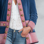 Vintage Military Women's Blue Suede Band Jacket Pink Trim Gold Buttons