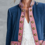 Vintage Military Women's Blue Suede Band Jacket Pink Trim Gold Buttons