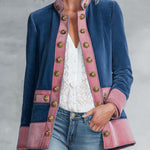 Vintage Military Women's Blue Suede Band Jacket Pink Trim Gold Buttons