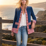 Vintage Military Women's Blue Suede Band Jacket Pink Trim Gold Buttons