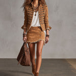 Military-style Camel Denim Stand-up Collar Double-breasted Short Jacket
