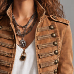 Military-style Camel Denim Stand-up Collar Double-breasted Short Jacket