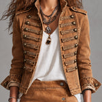 Military-style Camel Denim Stand-up Collar Double-breasted Short Jacket