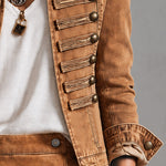 Military-style Camel Denim Stand-up Collar Double-breasted Short Jacket