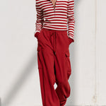 Fashionable Sporty Striped Sweatshirt And Red Cargo Pants Set With Half-zip
