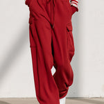 Fashionable Sporty Striped Sweatshirt And Red Cargo Pants Set With Half-zip