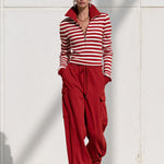 Fashionable Sporty Striped Sweatshirt And Red Cargo Pants Set With Half-zip