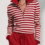Fashionable Sporty Striped Sweatshirt And Red Cargo Pants Set With Half-zip