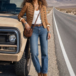 Military-style Camel Denim Stand-up Collar Double-breasted Short Jacket