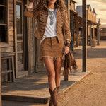 Military-style Camel Denim Stand-up Collar Double-breasted Short Jacket