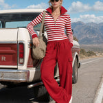 Fashionable Sporty Striped Sweatshirt And Red Cargo Pants Set With Half-zip