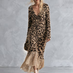 Cozy Lace Hem Long-haired Leopard Print V-neck Knit Maxi Dress