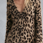 Cozy Lace Hem Long-haired Leopard Print V-neck Knit Maxi Dress