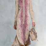 Western Boho Women's Tan Suede Leopard Print Zip Front Fringe Midi Dress