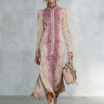 Western Boho Women's Tan Suede Leopard Print Zip Front Fringe Midi Dress