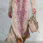 Western Boho Women's Tan Suede Leopard Print Zip Front Fringe Midi Dress