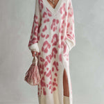 Boho Chic Women's Pink Leopard Knit V Neck Maxi Sweater Dress