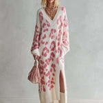 Boho Chic Women's Pink Leopard Knit V Neck Maxi Sweater Dress