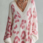 Boho Chic Women's Pink Leopard Knit V Neck Maxi Sweater Dress